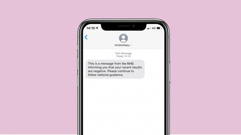 Covid-19 SMS showing a negative result