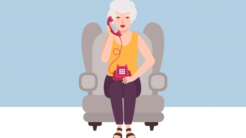 Illustration of an old lady using a traditional push button landline