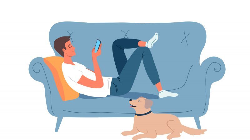 Illustration of man laid on sofa next to his dog