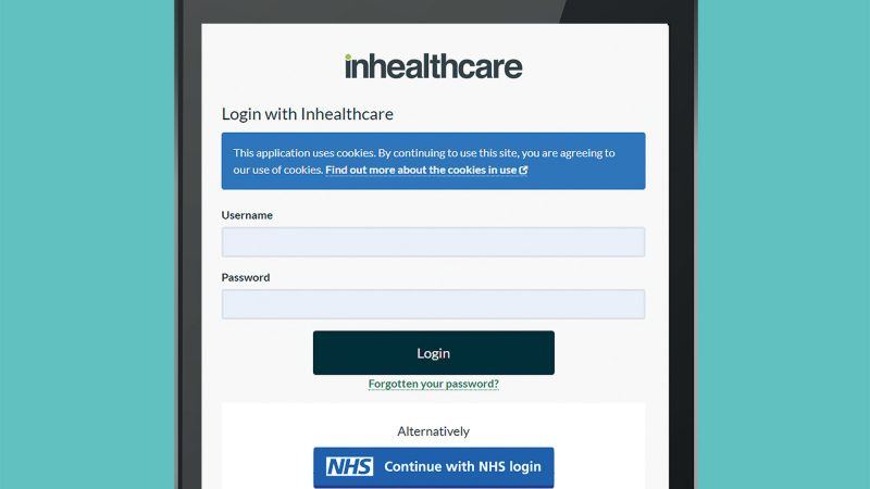 iPad with screenshot of Inhealthcare's app login page