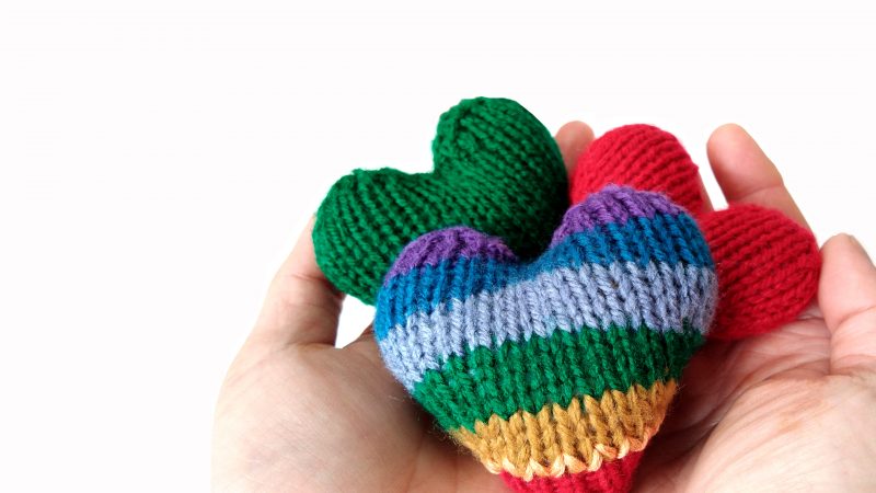 Knitted hearts in bright colours